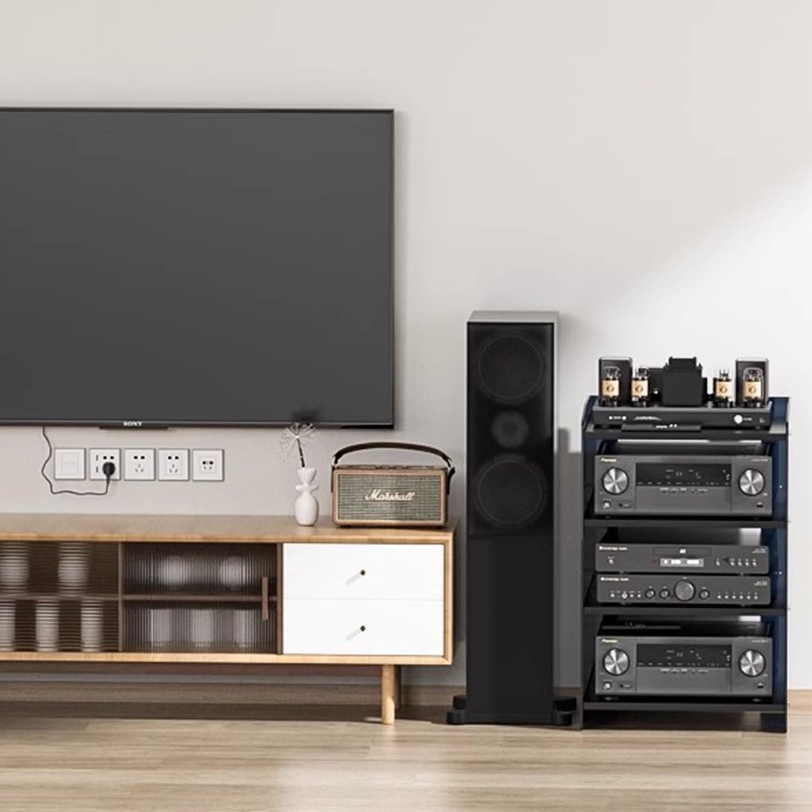 regał audio, 24 32-calowy wysoki stojak audio stereo Stojak na media, nowoczesne komponenty CabinetRack Półka do montażu wieży, z regulowanymi półkami(Style3,52.2x40x60.6cm/20.6x15.7x24inch)