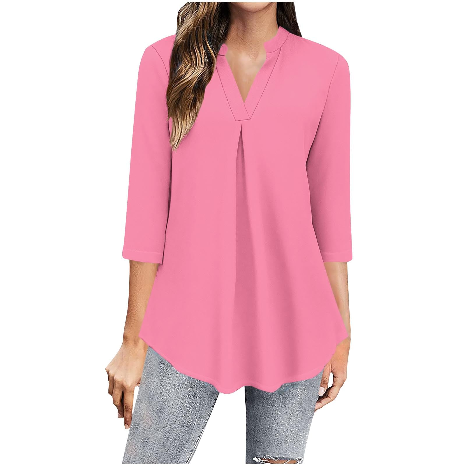Elegant Blouses for Women Dressy Casual Notch V Neck 3/4 Length Sleeve Tops Loose Flowy Three Quarter Sleeve T Shirts Pink