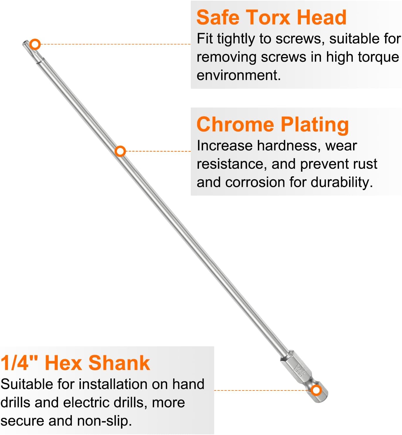 HARFINGTON 5pcs T15 Security Torx Bit 1/4" Hex Shank 8" Long S2 Steel Magnetic Tamper Resistant Star Bits Screwdriver Torx Head with Hole for Driver Drill Bits Remove Fastening Screws