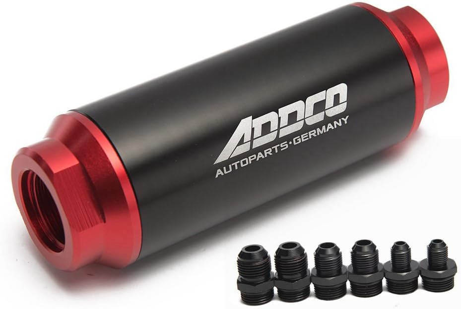 ADF09901 40 Micron BLACK & RED INLINE FUEL FILTER & MOUNT AN10 AN8 AN6 UNIVERSAL HIGH FLOW TURBO