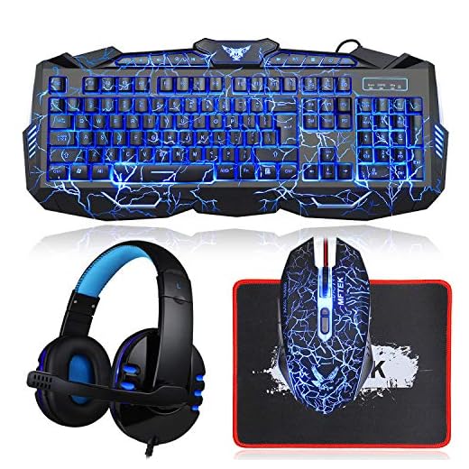 Gaming Keyboard and Mouse Combo with Headset, MFTEK Crack Backlit 3 Colors Keyboard, Wired Gaming Mouse, Lighted Gaming Headset with Microphone Set, 50mm Speaker Driver + Mouse Pad for PC Games