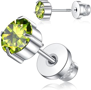 Titanium Screw Back Stud Earrings for Women Men, Hypoallergenic Double Side 5A Cubic Zirconia Flat Back Earrings Birthstone Stud Jewelry 6mm
