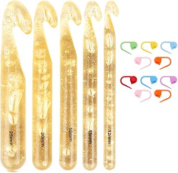 Huge Crochet Hook Set BLLNDX 5PCS 12mm/15mm/18mm/20mm/25mm Large Eye Crochet Hooks Needles with 10PCS Stitch Markers for Giant Easy Chunky Yarn Carpet Scarf Bulky Wool Roving Weaving