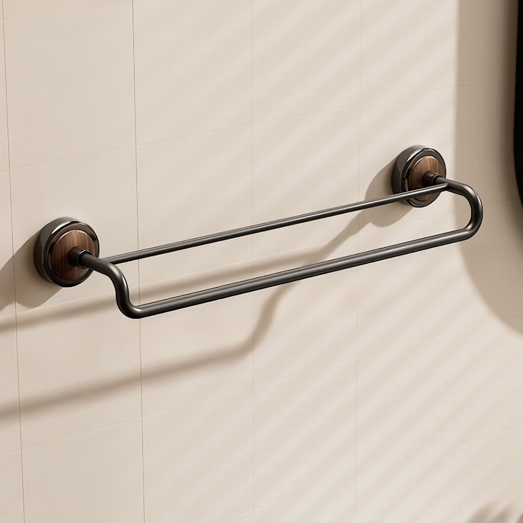Double Pole No Drill Wall Mounted Towel Racks - Suction Cup Towel Bar for Bathroom Kitchen RV, Rustproof Stainless Steel Bathroom Hardware Set, Quick Setup Convenience(Matte black,45cm/17.7in)