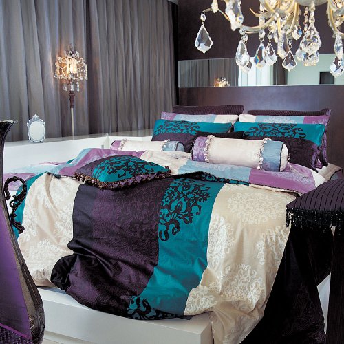 Turquoise & Purple Black Damask Duvet Cover Set - Queen