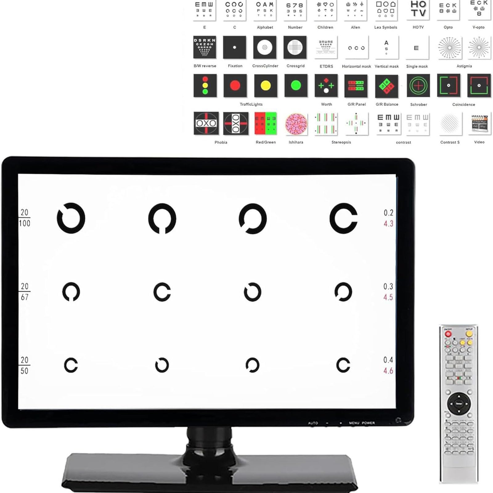 JozyJul 18.5/21.5/23 Inch Visual Acuity Chart Digital, LCD Electronic Optical Eye Charts with Remote, Test 300+ Visual Targets, 1-6.2m Distance Adjustable, for Eye Exams 18.5in