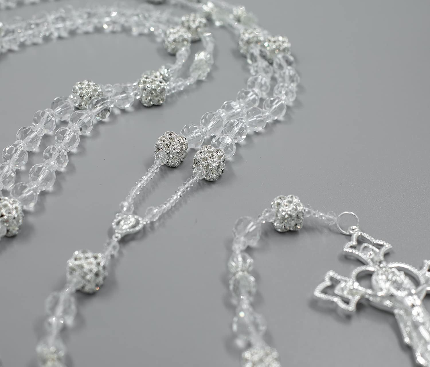 MTT Silver Wedding Rosary Lasso, Crystal Beads, Silver Plated Accents, Round Cut Crystal, 39" Lazo De Boda, Wedding Lazo