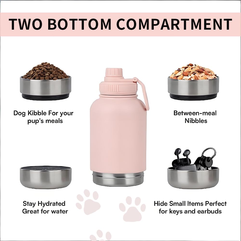 Pets Hundetrinkflasche für Unterwegs, 950ml Isolierte Edelstahl Trinkflasche Hunde mit Futterbehälter Wassernapf & Tragegriff, Tragbare Hundeflasche BPA-frei für Reise Spaziergang & Outdoor, Rosa