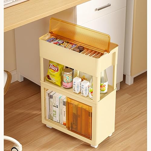 Miniatura 8 de Armario móvil para aperitivos, carrito de almacenamiento de plástico de 3 niveles con ruedas, carrito utilitario para dormitorio, sala de estar,
