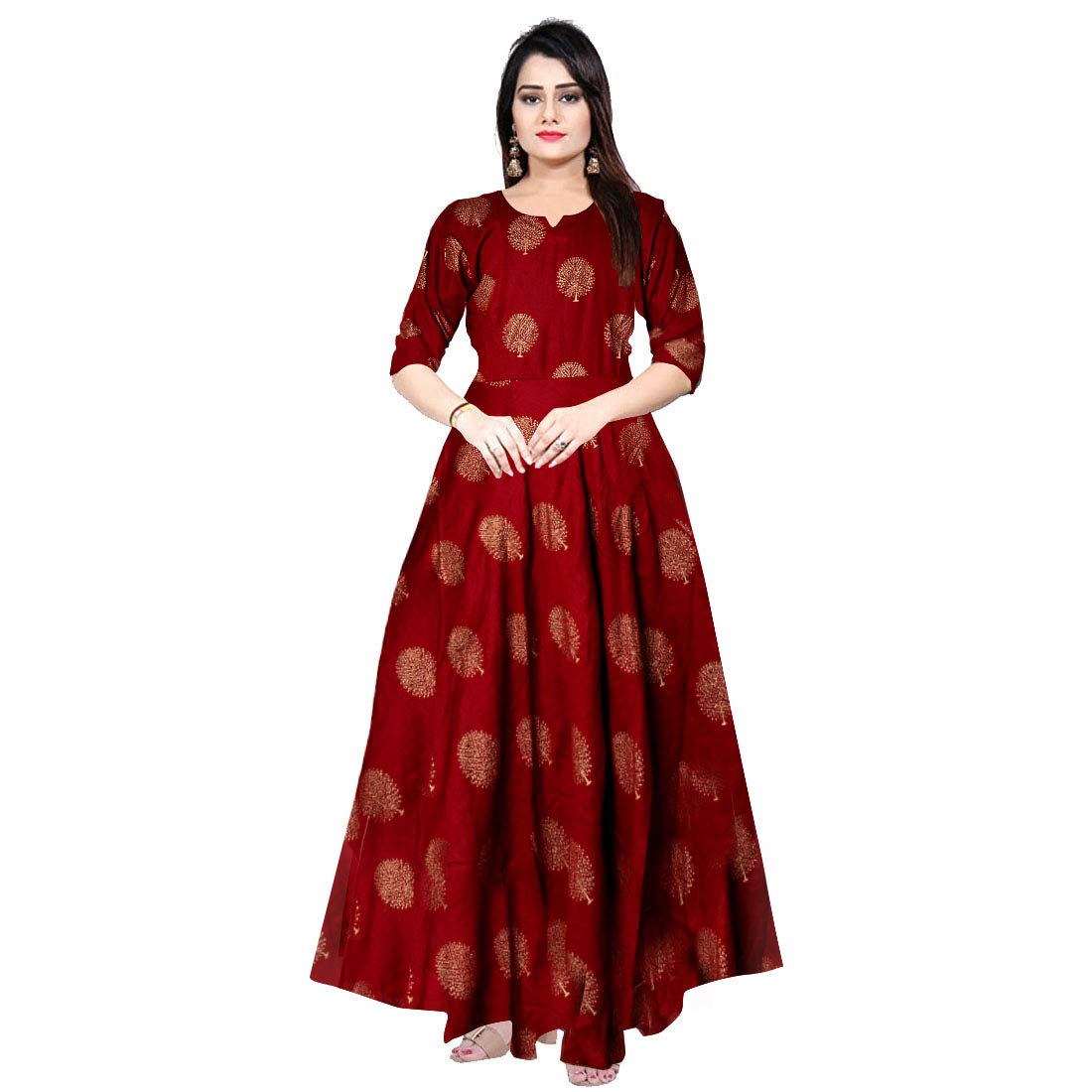 trendy fab Women's Printed Rayon Fit & Flare Anarkali Maxi Gown for Girl/Women/Ladies (Free Size Upto XXL) Maroon-picture-19
