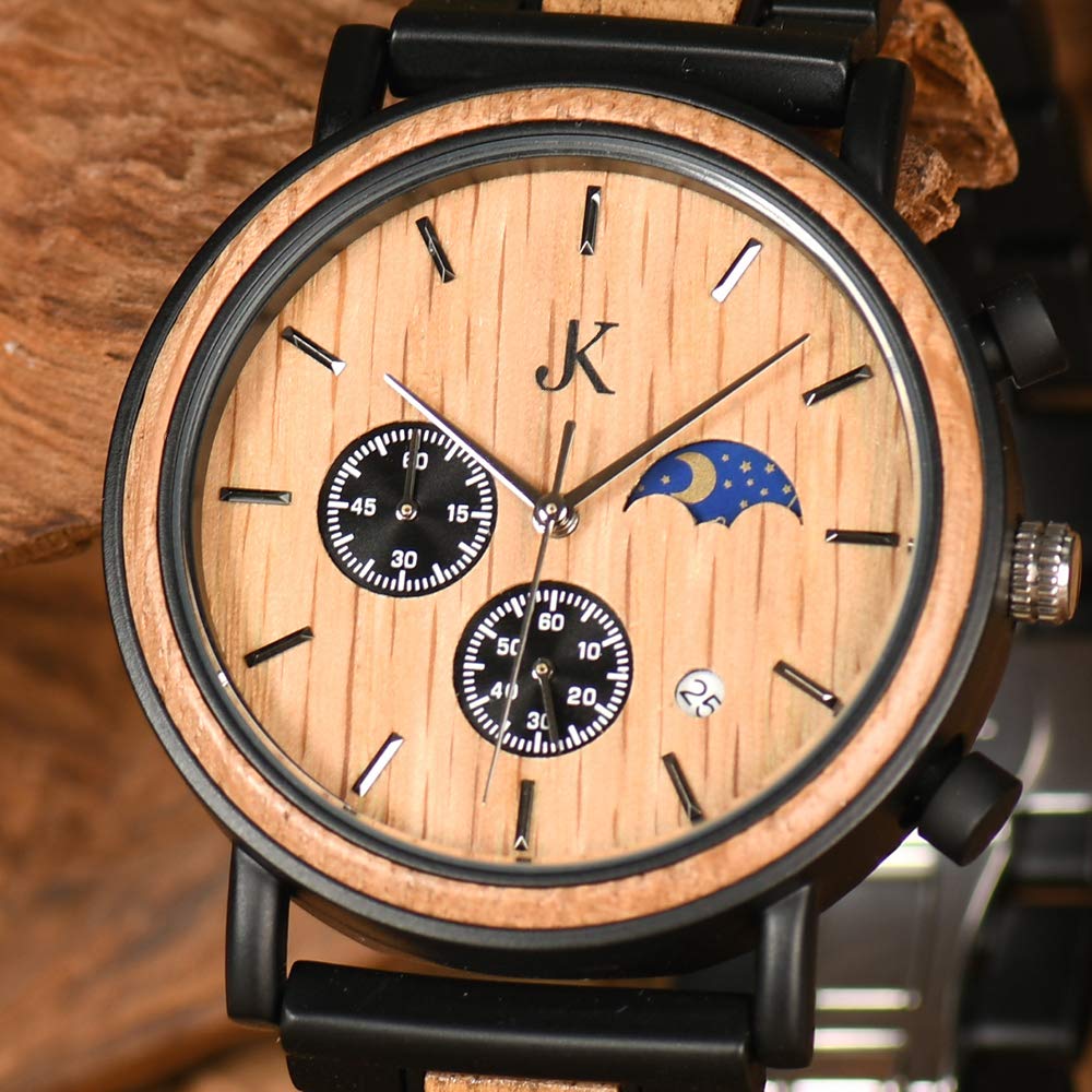 Kim Johanson Herren Holz-Edelstahl Armbanduhr *Military* in Hellbraun Chronograph mit Sonne & Mond Anzeige & einem Gliederarmband Handgefertigt Quarz Analog Uhr inkl. Geschenkbox