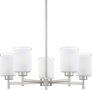5 Light Chandelier Brushed Nickel Finish,Classic Style Ceiling Pendant Light Clear Frosted Glass Shade Fixture for Meeting Room Dining Room Over Table Living Room