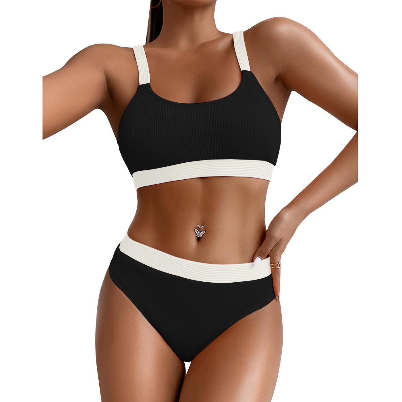 FDEETY Traje de Baño Mujer Braga Alta Halter Bikini Push Up con Relleno Cuello U Trajes de Baño Dos Piezas Biquini Mujer Vientre Plano Bañadores Natacion Deportivo Bikini Brasileño