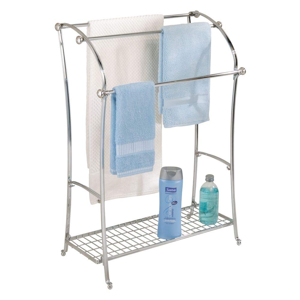 iDesign 79250 York Metal Free-Standing Towel Drying Rack with Shelf for Bathroom, Bedroom, Laundry Room Storage Organization, 25" x 12" x 34", Brushed Stainless Steel and Chrome