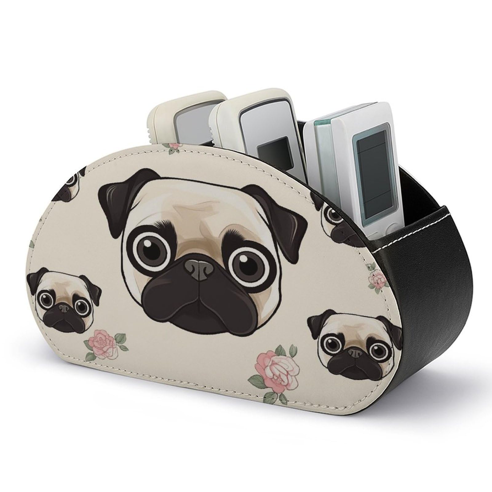 FekiLoot Line Pug Remote Control Holder with 5 Compartments Multi-functional TV Remote Caddy Organizer Leather TV Remote Holder Desktop Organizer Store for Bedside Table Office Desk