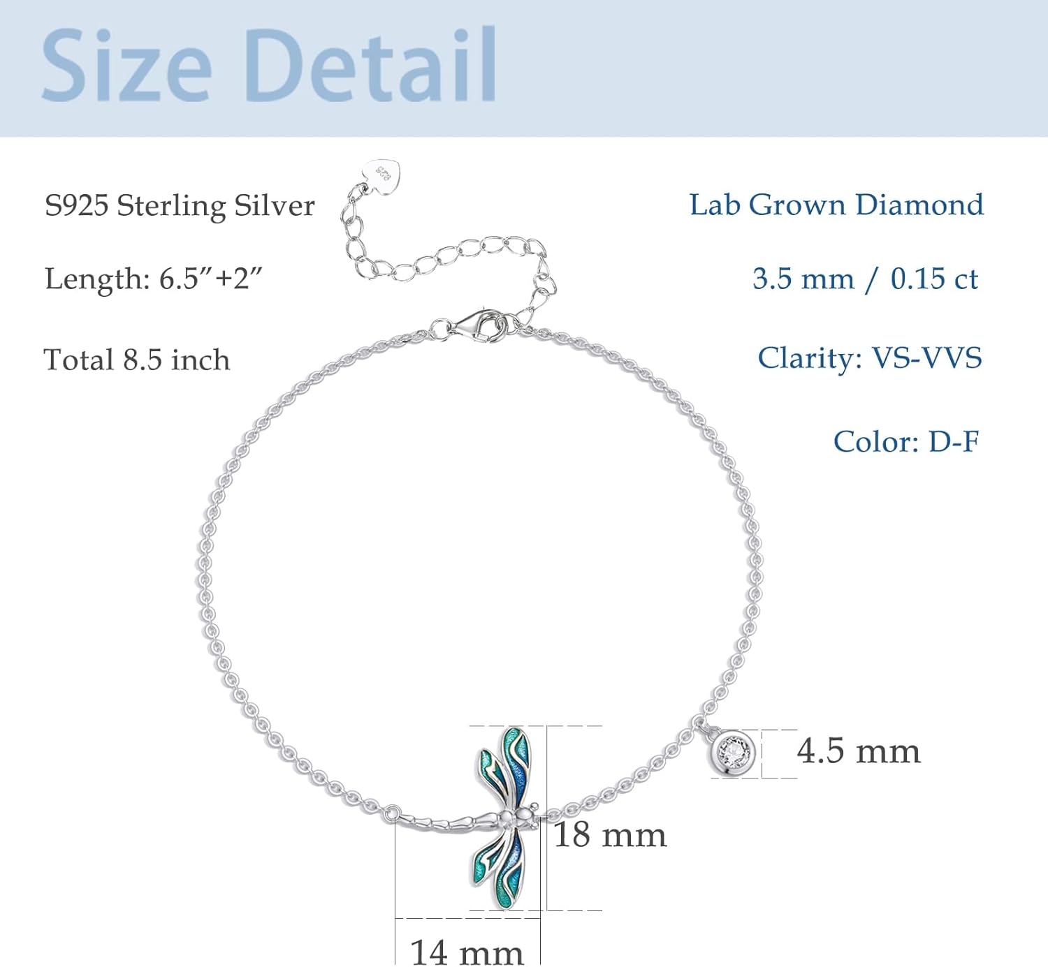 Sterling Silver 0.15 carat Lab Grown Diamond Dragonfly Bracelet for Women, Animal Hand Jewelry Gifts for Her, 6.5-8.5 Inches