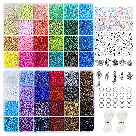 Beads Kit,Greentime 14400pcs 3mm Glass Seed Beads with 1200 Pcs Alphabet Letter Beads for Jewelry Bracelets Making and Crafts with Accessories DIY Material