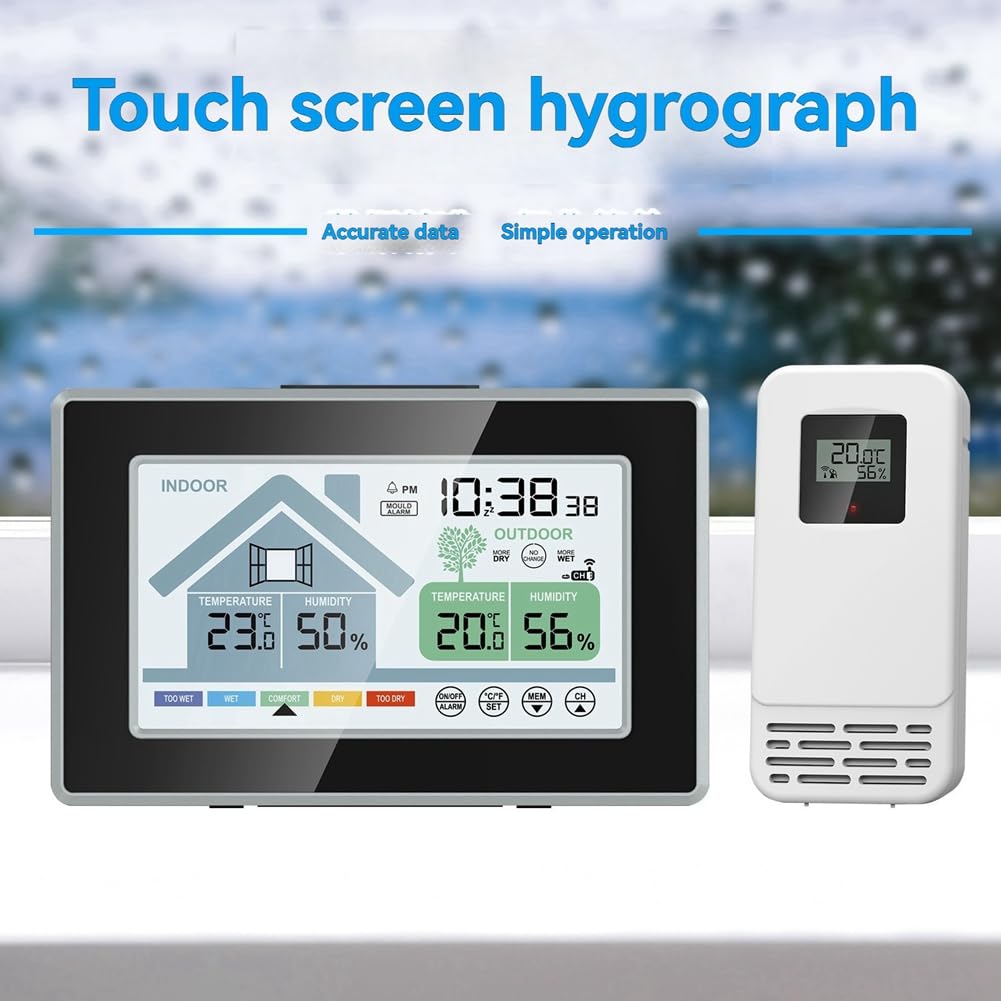 Termometri e Umidità Interni Ed Esterni con Allarme Muffa, Stazione Meteorologica Elettronica con Schermo Touch Button e Sveglia Meteo.