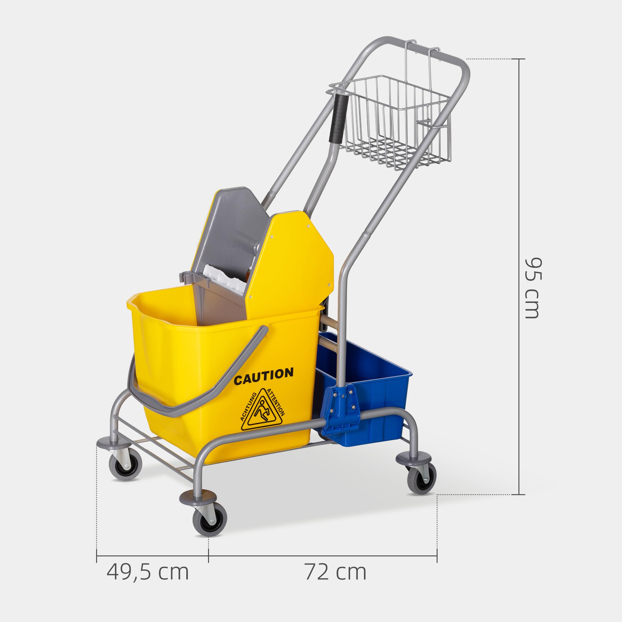 HOMCOM Carro de Limpieza Carro de Servicio con Cubos de Fregona de 25L Escurridor Cubeta y Estantes para Hotel Oficina 72x49,5x95 cm Amarillo