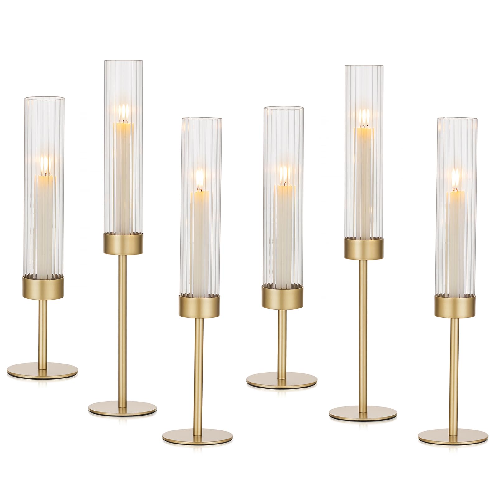Hewory Bougeoirs en or en verre cylindrique: Lot de 6 porte-bougies en métal pour bougies à piquer pour décoration de salon vintage, grand porte-bougie avec photophore en verre pour Noël, mariage