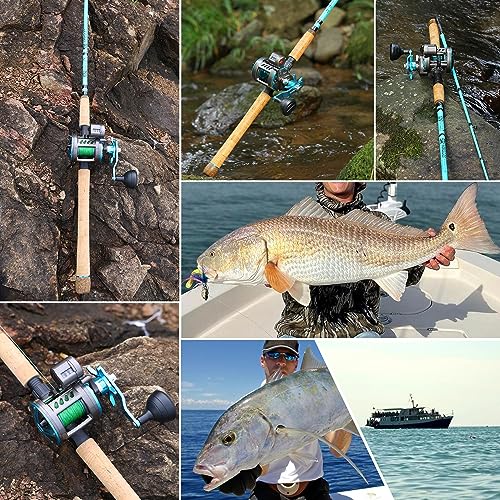 Sougayilang Inshore Fishing Rod Combo with Line Counter Fishing Reel Suitable for Catfish, Salmon/Steelhead, Striper Bass Fishing - Right Handled,