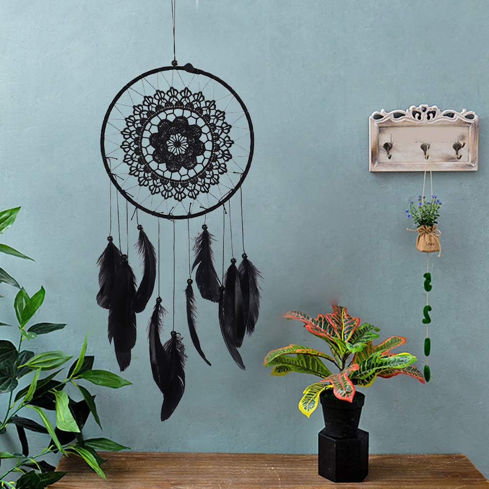 Dreamcatcher Noir Plumes Ornement Murale Décoration Chambre