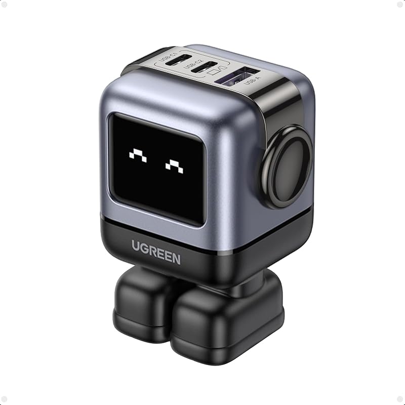 Adaptador de cargador USB C de 3 puertos Uno de 65 W, bloque de carga rápida GaN, negro | Diseño de robot juguetón, pantalla LED, regalo único, carga rápida para MacBook, iPhone 17, Galaxy S26, Pixel, iPad, Steam Deck