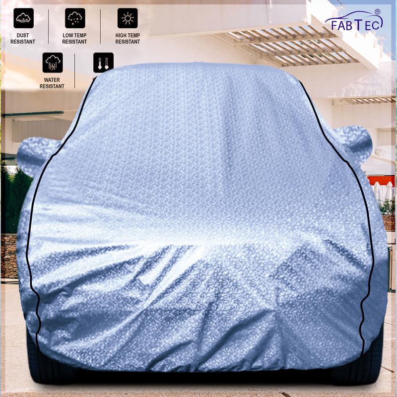 Image of FABTEC Metallic Silver Waterproof Car Body Cover for Maruti Celerio Sun, UV and Dust Protection with Mirror Pocket (Reflective Silver with Black Piping)