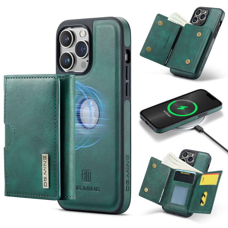 Étui en cuir iPhone 13 Pro portefeuille RFID vert pour simplifier vos déplacements quotidiens