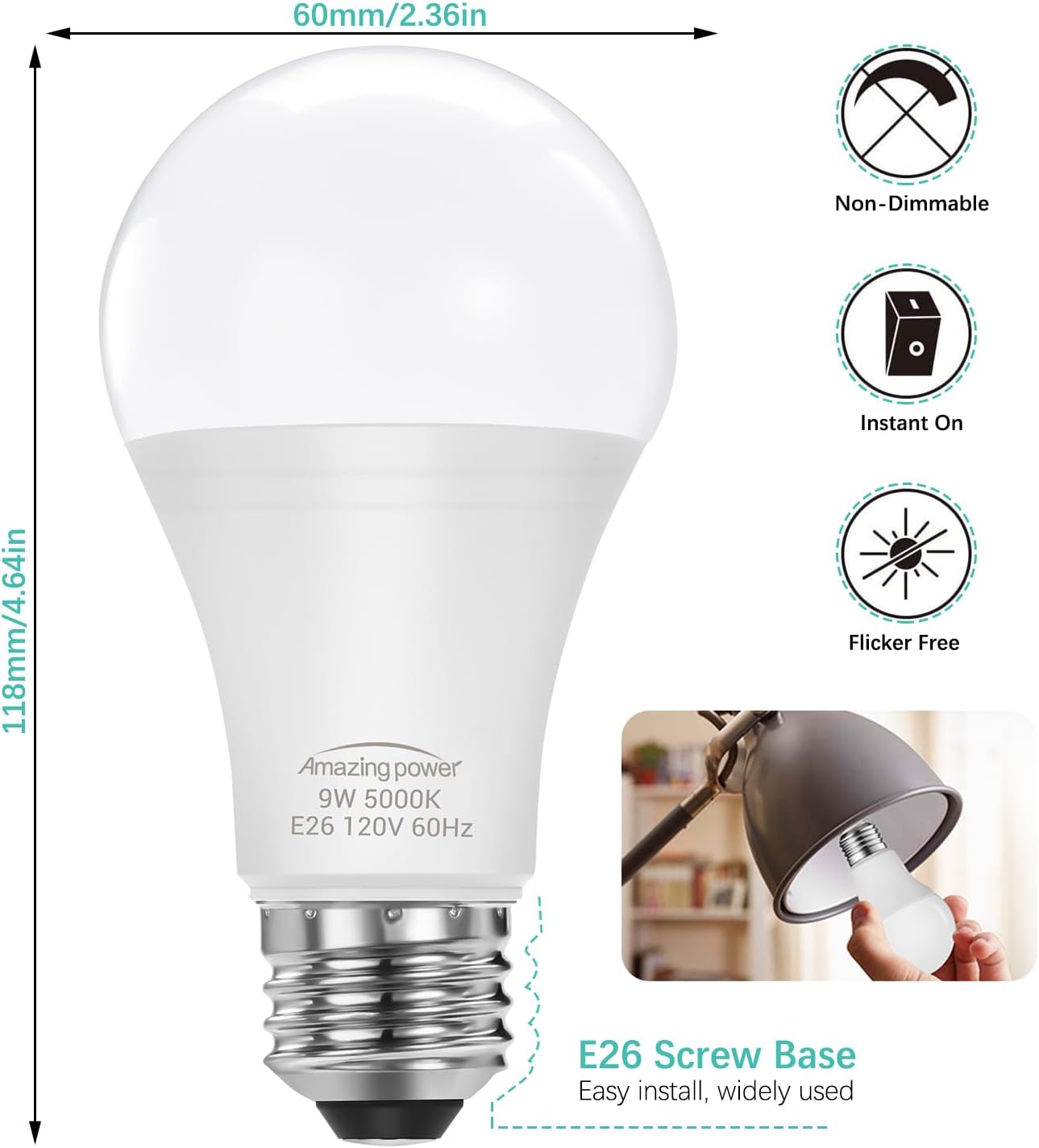 E26 LED Bulbs, 60W Equivalent Medium Base Light Bulbs, 9W LED Bulbs, Daylight White 5000K 4-Pack