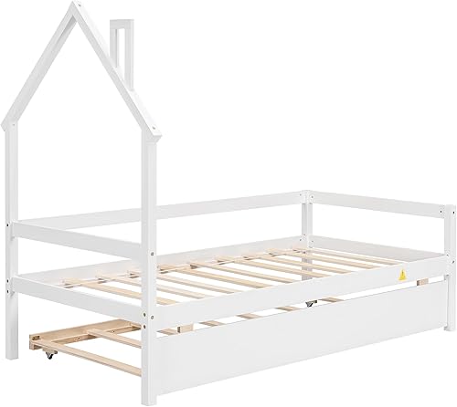 Miniatura 8 de Cama individual con nido y rieles, cama de plataforma de madera con cabecera en forma de casa, marco de cama Montessori moderno para niños y niñas,