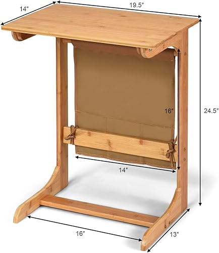 Miniatura 3 de COSTWAY Mesa auxiliar 100% de bambú, mesa auxiliar con bandeja de TV en forma de L, mesa auxiliar de aperitivos para computadora portátil con bolsa