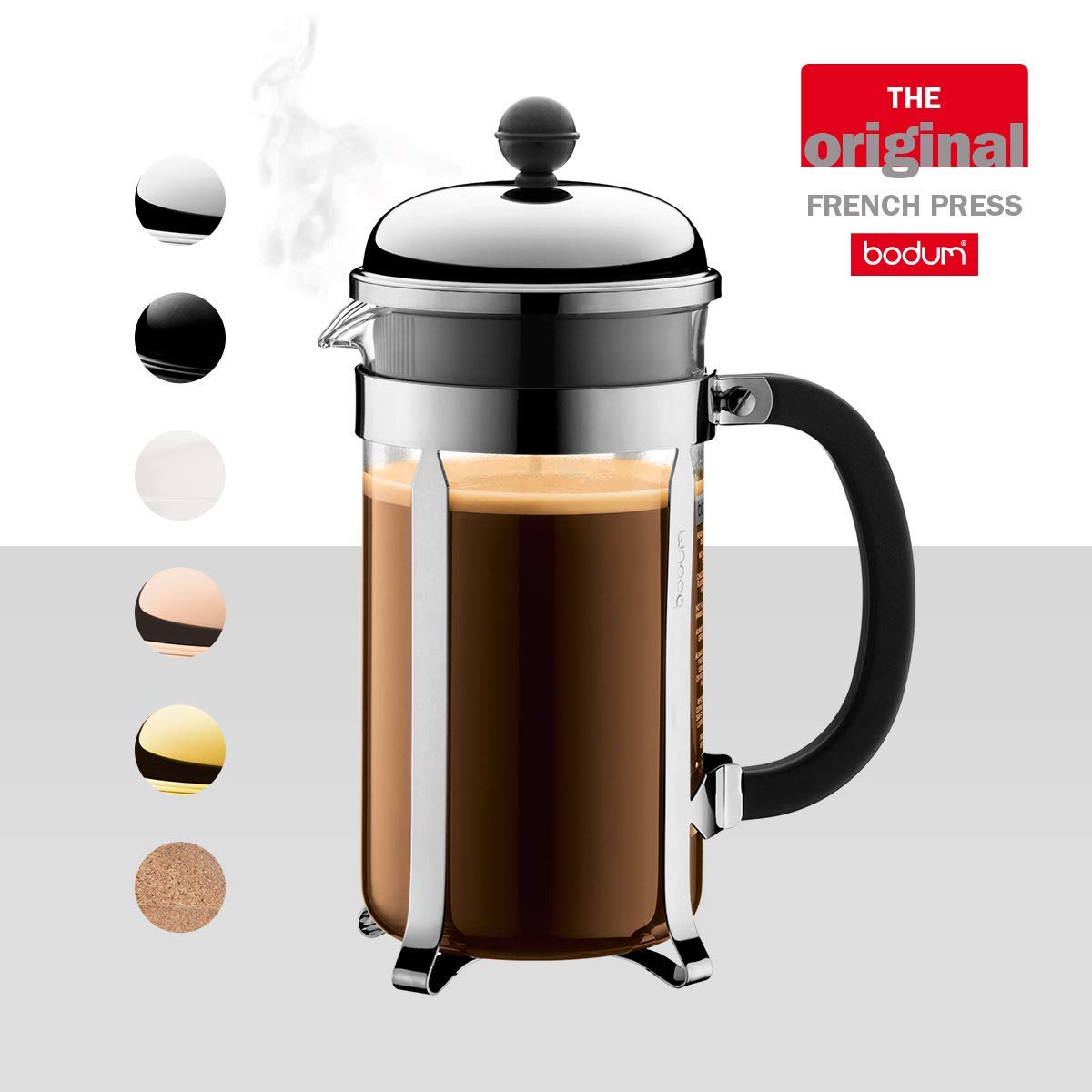 Bodum Chambord Kaffeebereiter 8 Tassen mit Metallrahmen, Chrom, Schwarz, 10.6 x 17.1 x 24.5 cm, 1 Einheiten