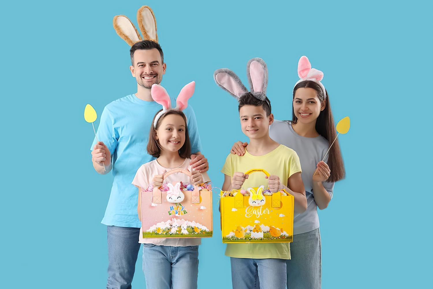 2 Pcs 11.8'' Easter Gift Bags for Kids Reusable Empty Basket with Handles, Bunny and Chicken Egg Hunt Tote Bags Made of Felt (Yellow Pink) - Image 5