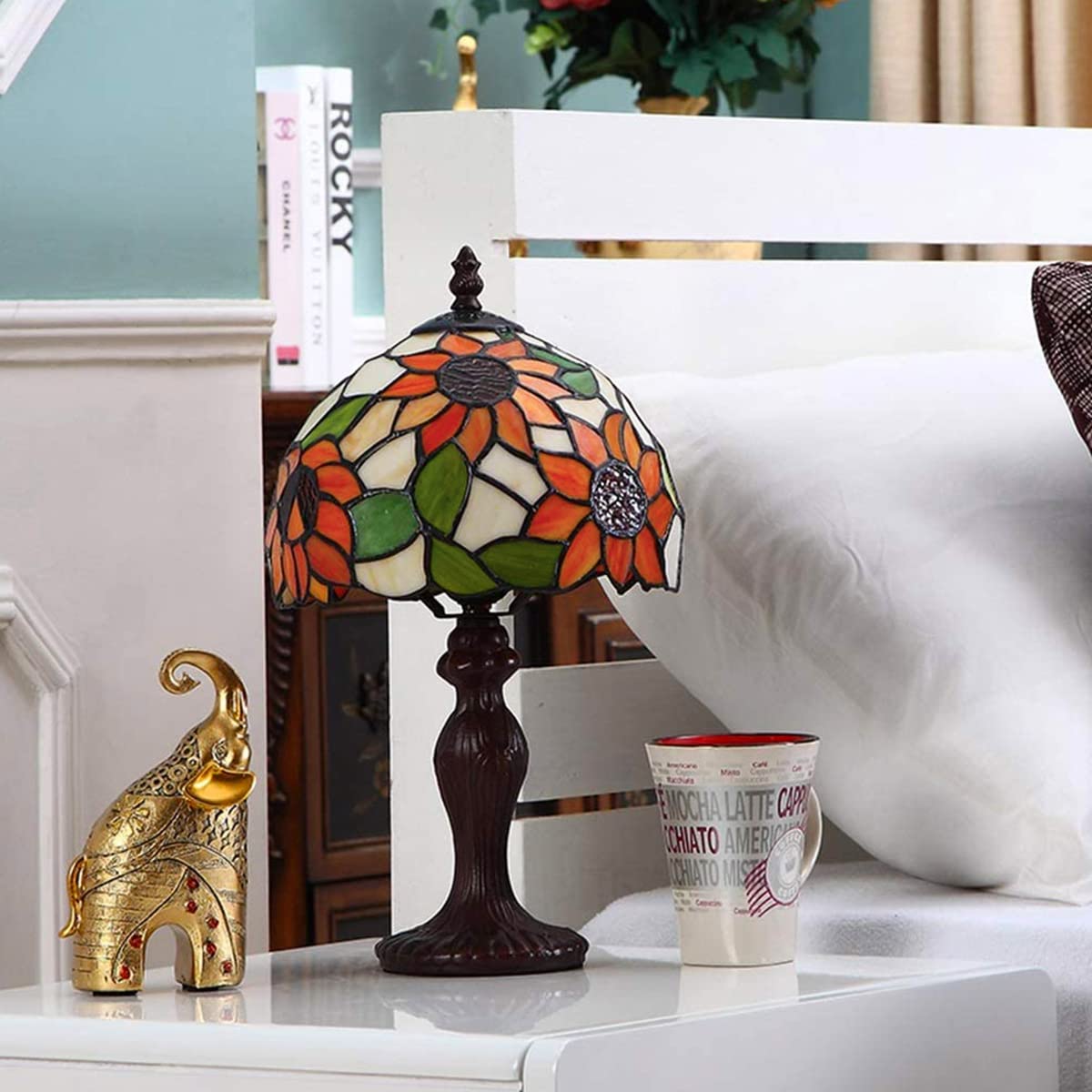 Lámpara de sobremesa de Estilo Europeo Tiffany con Flor de Sol y vitrales, Uso de Base de Resina, lámpara de Mesa Retro, Dormitorio de la Sala de Estar de la Novia Junto a la Cama