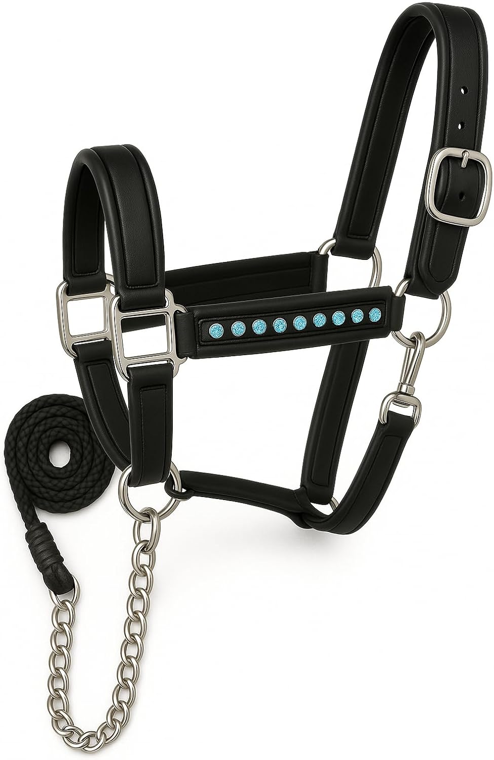 Handcrafted Leather Horse Halter – Tooled Design with Crystals, Cushioned Padding, Adjustable Fit, Chain Lead Pony M70