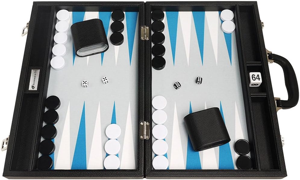 16-inch Premium Backgammon Set - Medium Size - Black Board, White and Astral Blue Points