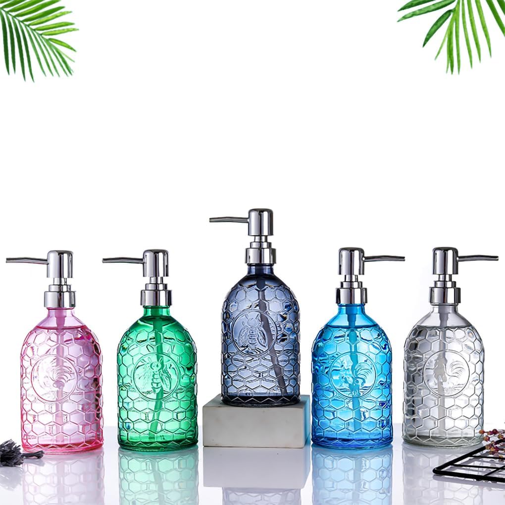 WAIT FLY Colorful Embossed Glass Soap Dispenser with Plastic Pump, Refillable Lotion Soap Bottle, Dish Soap Dispenser, Hand Soap Dispenser, Home Decoration-Grey-Bee-16 OZ image 5