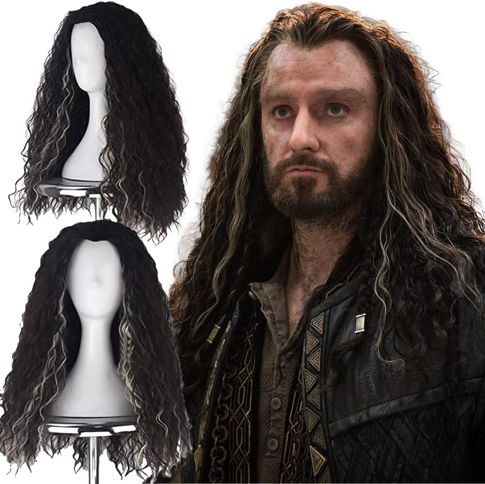 Artjosy Hobbit Thorin Oakenshield Cosplay Wigs for Men The Hobbit Men Long Hair Wigs Curly Synthetic Wigs with Braids Brown with Blonde Highlights Heat Resistant Full Machine Made for Halloween