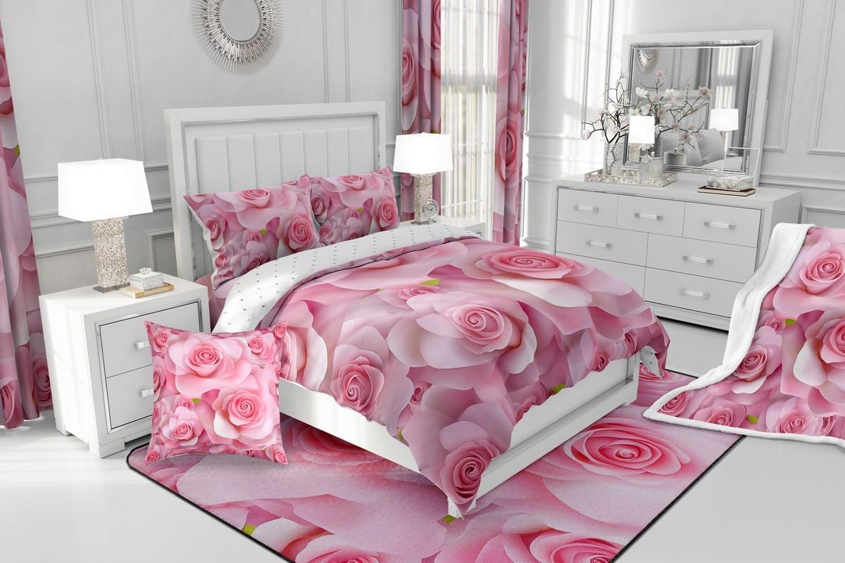 Feelyou Pink Rose Comforter Set King Size Kids Rose Floral Flower Bedding Set for Boys Girls Teens Rose Floral Flower Comforter Breathable Romantic Duvet Set Valentine's Day Quilt Set