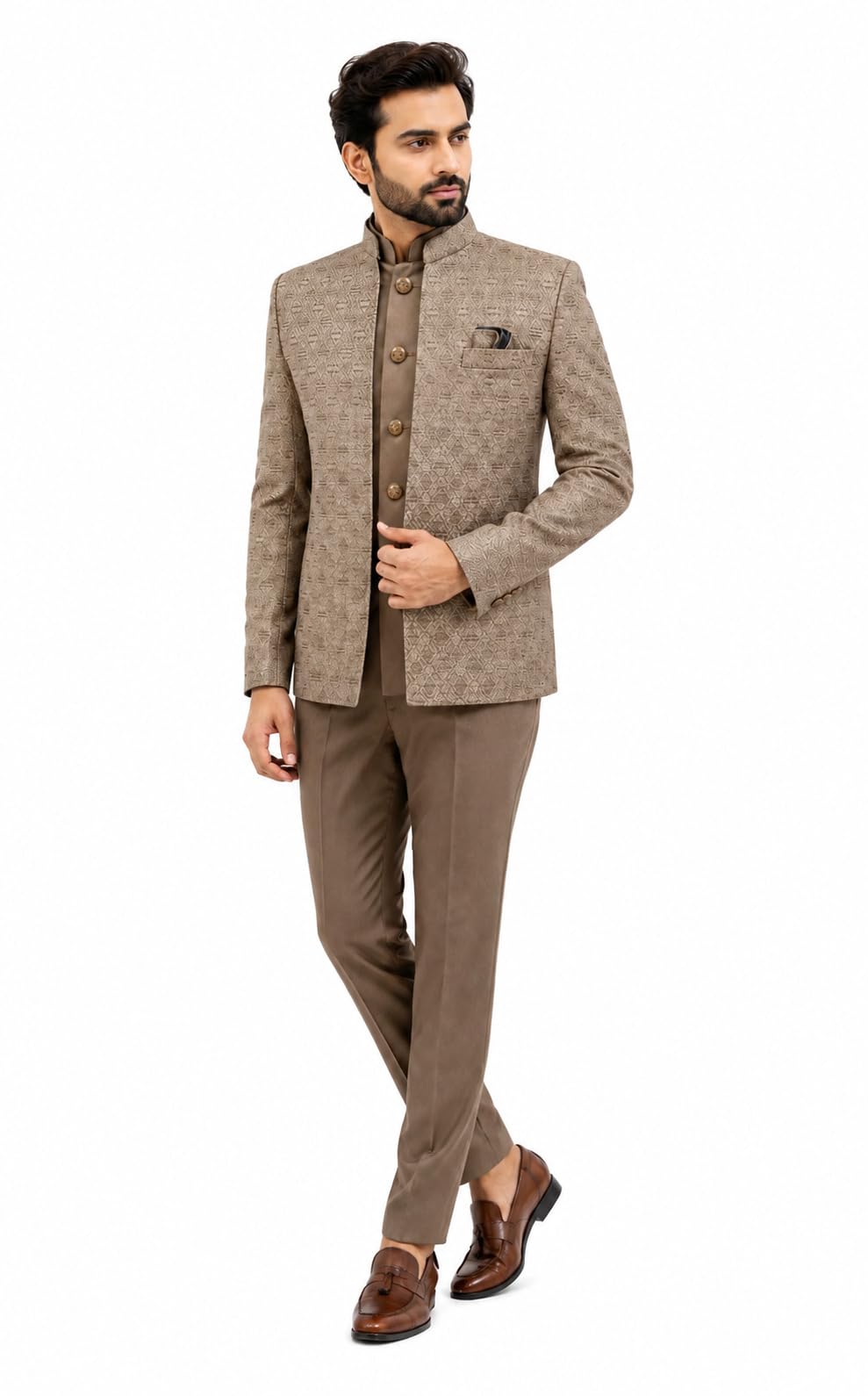 Men's Sequins Textured Jacquard Bandhgala Open Jacket 3-Piece Indo-Western Set, Mocha Gold Brown, Jacquard and Satin-picture-15