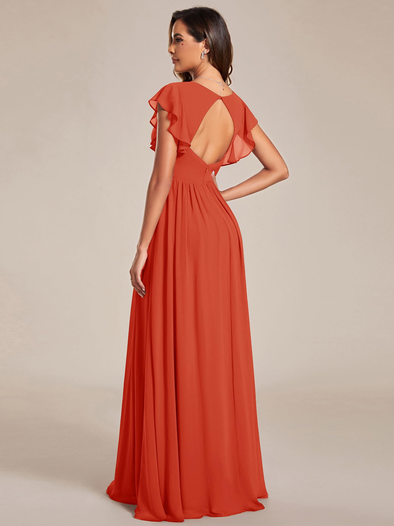 Ever-Pretty Abito Donna Sera con Schiena Scoperta Maniche Arricciati Chiffon Scollo a V Pieghe Abiti da Damigella d'Onore Elegante ES01819-P