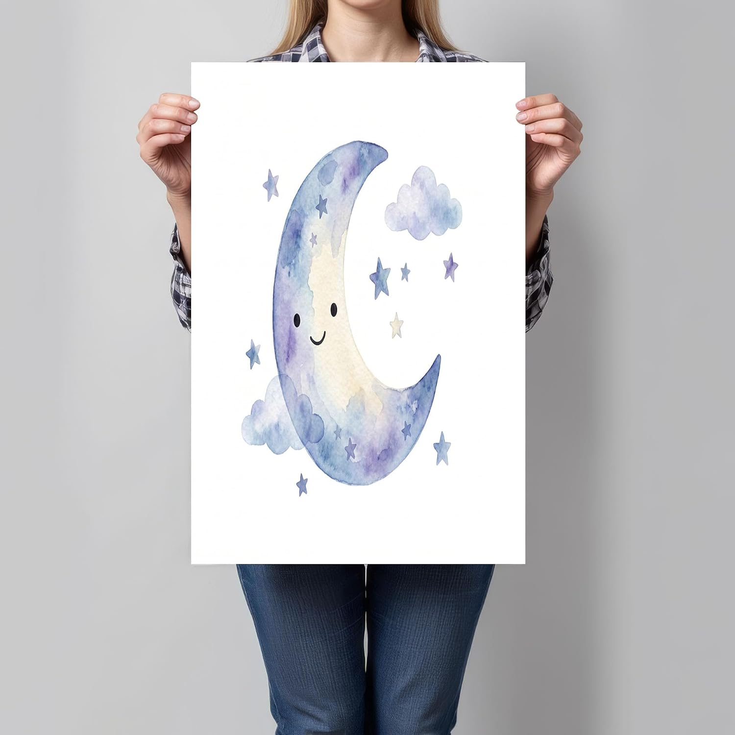 JRISEMECY Lovely Moon Clouds Unframed Wall Art White Blue Canvas Posters 12X16 Inch Watercolor Starry Sky Prints Modern Aesthetic Painting For Living Room Bedroom Office Teens Room Decor Gifts image 3