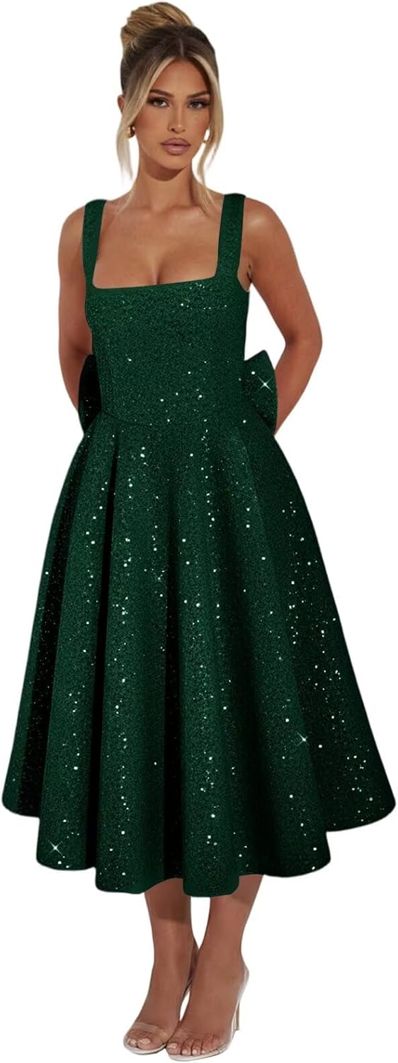 Cudiew Sparkly Sequin Prom Dresses for Teens Square Neck Glitter Bodice Pleated A Line Formal Cocktail Party Dress Tea Length