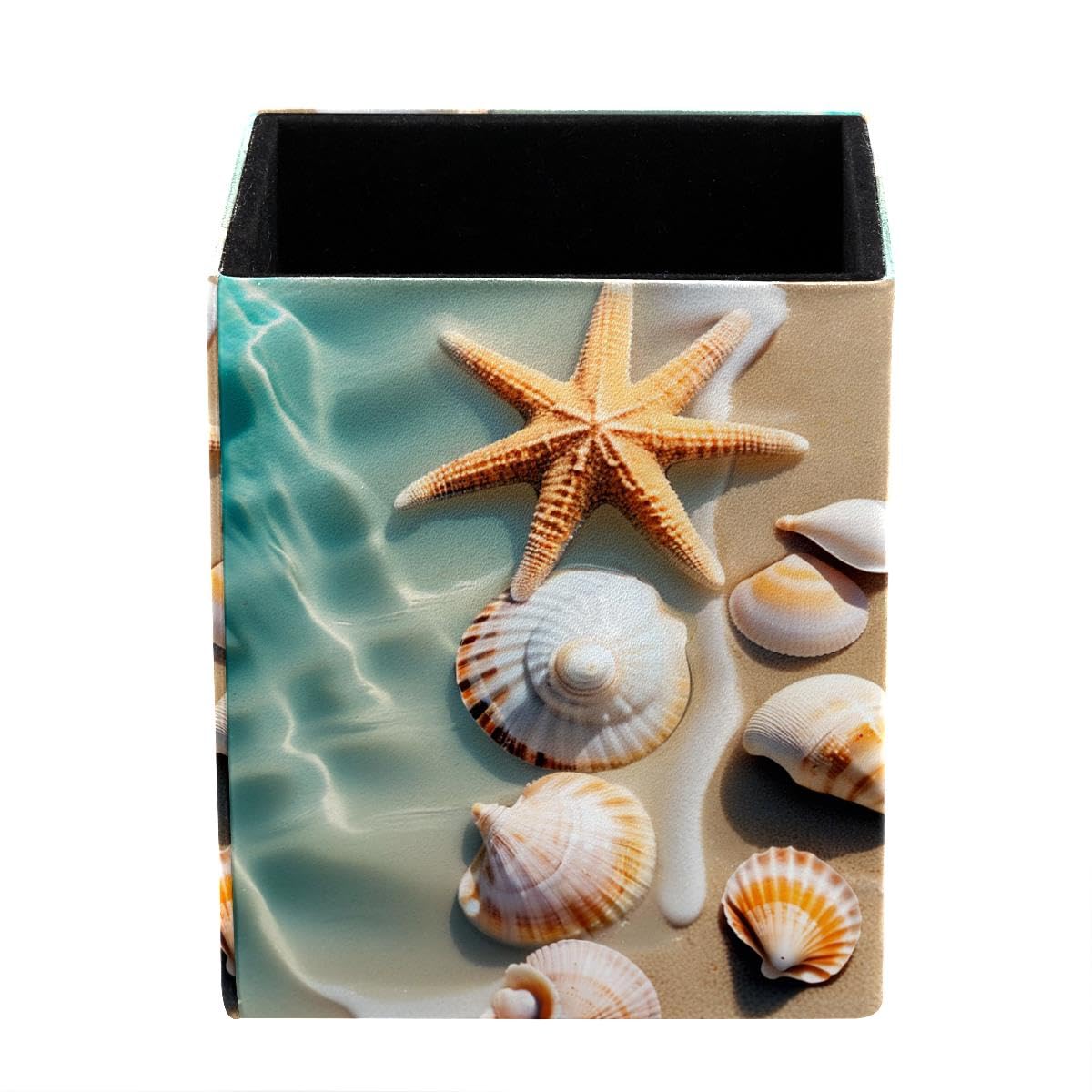 HEOEH Beach Shells Starfish Pen Holder Pen Pot, Square Pencil Cup for Desk