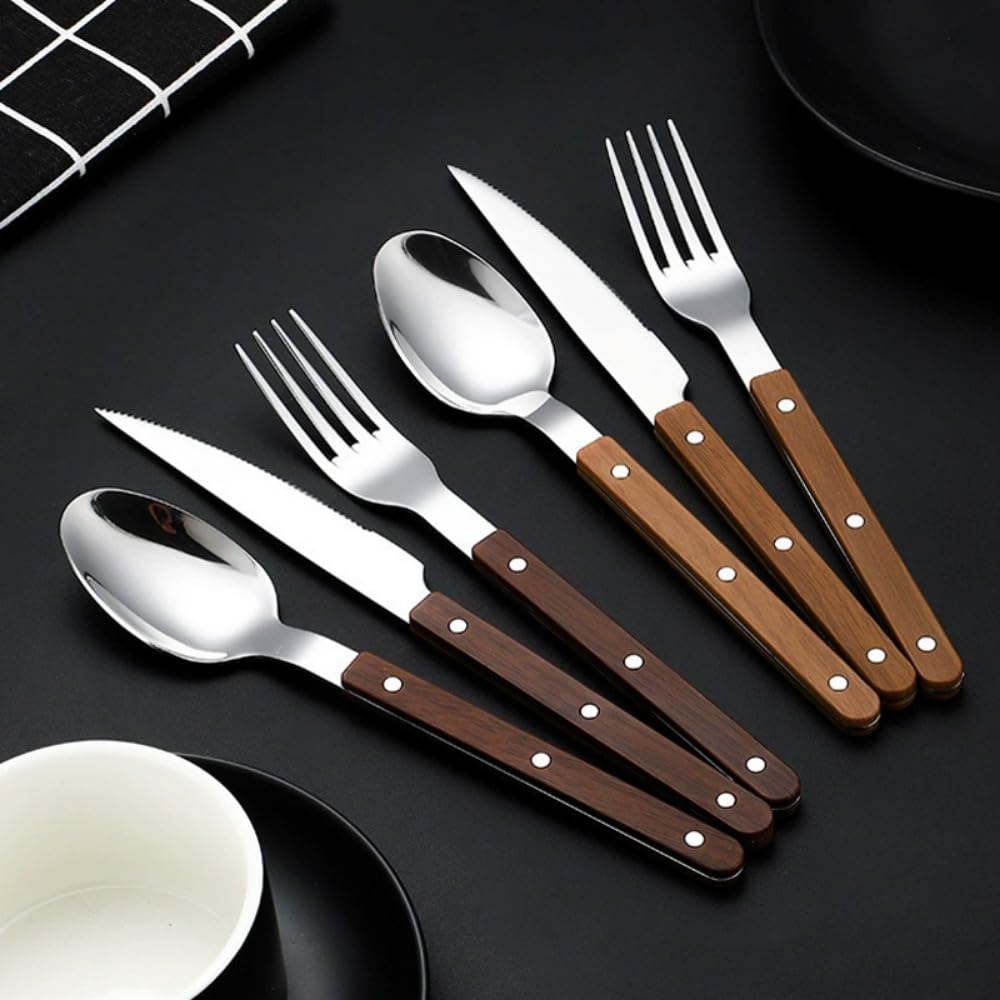 Spessa Rivetto Morsetto Manico Cucina Acciaio Inox Argenteria Stoviglie Posate Set Bistecca Coltello Forchetta Cucchiaio Cucchiaino (Marrone scuro,20 pezzi)