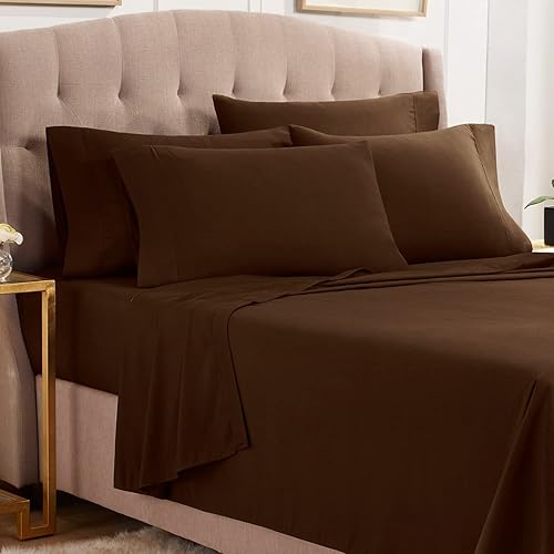 Empyrean Bedding - Juego de sábanas de 6 piezas con correas ajustadas para mayor duración y resistencia, 110 GSM, tejido suave, Microfibra, Marrón