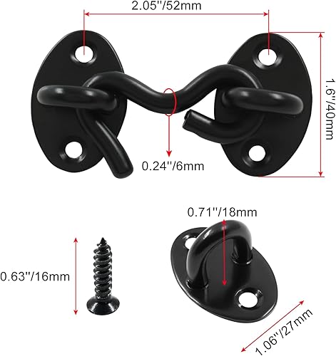 Miniatura 5 de 2 ganchos negros de privacidad de 2 pulgadas y pestillo de ojal, cerradura de gancho de acero inoxidable para puerta de granero con tornillos de