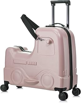 Apelila 22 Inch Ride on Suitcase for Kids, Travel Luggage with Spinner Wheels for Child Travelling Stroller with Combination Lock/Safety Belt/Telescoping Handle (Pink)