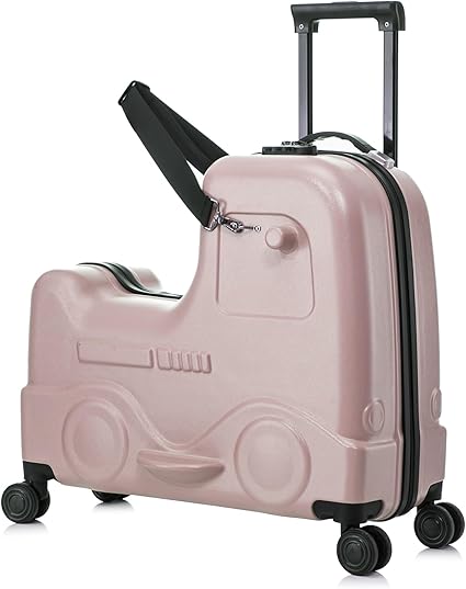 22 Inch Ride on Suitcase for Kids, Travel Luggage with Spinner Wheels for Child Travelling Stroller with Combination Lock/Safety Belt/Telescoping Handle (Pink)